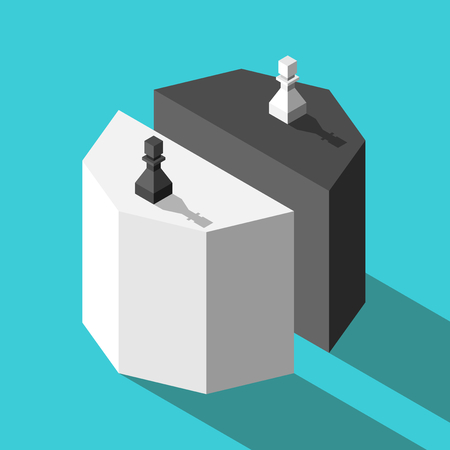 Two different isometric chess pawns standing on its white and black half shares. Market, majority shareholders and competition concept. Flat design. Vector illustration, no transparency, no gradientsのイラスト素材