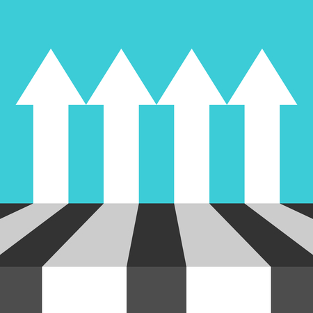 Many equal parallel white arrows on turquouise blue. Perspective view. Equality, independency, competition and teamwork concept. Flat design. Vector illustration, no transparency, no gradientsのイラスト素材