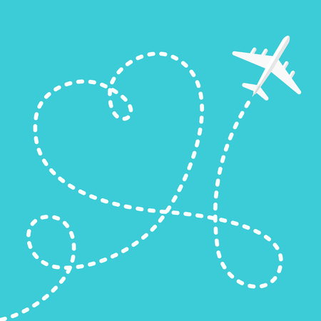 White airplane flying and drawing heart shape with its path on turquiose blue. Romantic travel, relationship, love and romance concept. Flat design. Vector illustration, no transparency, no gradientsのイラスト素材
