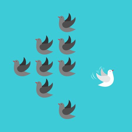 Unique independent white bird flying opposite direction from organized flock. Individuality, courage, innovation and creativity concept. Flat design. Vector illustration, no transparency, no gradientsのイラスト素材