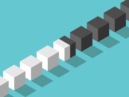 Isometric intermediate cube between many white, black ones. Cooperation, diplomacy, negotiation, conflict, merger, spy concept. Flat design. EPS 8 vector illustration, no transparency, no gradientsのイラスト素材