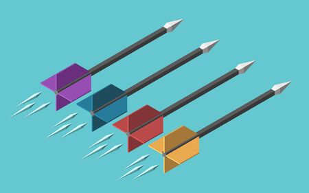 Four different isometric multicolor arrows flying together on turquoise blue background. Competition, team work and focus concept. Flat design. Vector illustration, no transparency, no gradientsのイラスト素材