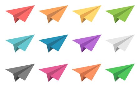 Isometric multicolor paper planes set isolated on white. Different colors, , orange, yellow, green, blue, purple, black, pink. Flat design.  8 vector illustration,  transparency,  gradientsのイラスト素材