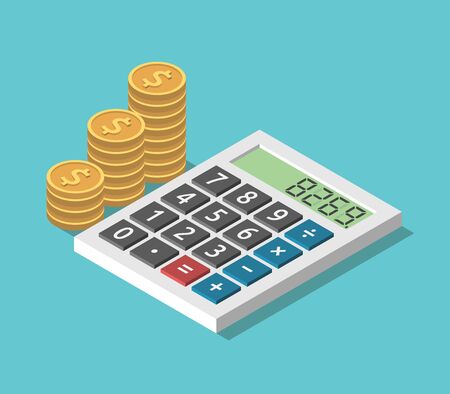 Isometric calculator and gold dollar coins stacks. Saving, investment, wealth, making money, finance, tax and accounting concept. Flat design.のイラスト素材