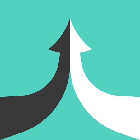 Partnership, merger, alliance and integration concept. Two bending opposite black and white halves merging into one on turquoise. Flat design. Vector illustration, no transparency, no gradientsのイラスト素材
