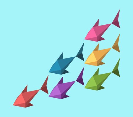 Isometric school of multicolor fish. Teamwork, diversity, tolerance, cooperation, individuality and creativity concept. Flat design. EPS 8 vector illustration, no transparency, no gradientsのイラスト素材