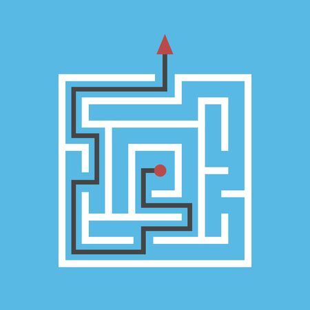 Square maze, way from center to exit on blue background. Solution, problem, strategy, challenge and game concept. Flat design. EPS 8 vector illustration, no transparency, no gradientsのイラスト素材