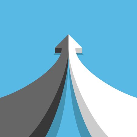 Opposites, development, partnership, and merger concept. Arrow of two black and white parts joining on blue. Perspective view. Flat design. Vector illustration, no transparency, no gradientsのイラスト素材