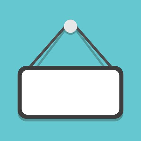 Empty plate hanging on turquoise blue background, copy space. Notice, message, information and advertisement sign template. Flat design.のイラスト素材