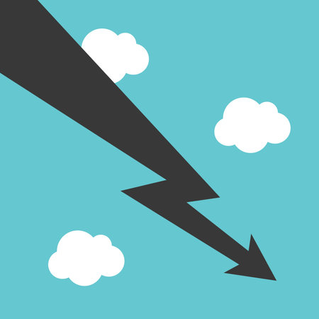 Black lightning shaped arrow in turquoise blue sky. Crisis, decrease, recession, risk and unexpected problem, investment concept. Flat design. EPS 8 vector illustration, no transparency, no gradientsのイラスト素材
