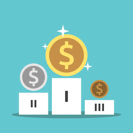 Dollar coins on winner podium. Success, money, wealth, corruption, injustice, investment and society of consumption concept. Flat design. EPS 8 vector illustration, no transparency, no gradientsのイラスト素材