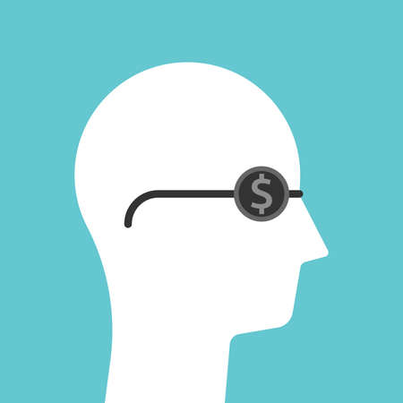 Head silhouette blinded by money and black round glasses. Greed, consumerism, investment, gambling and bribery concept. Flat design.のイラスト素材