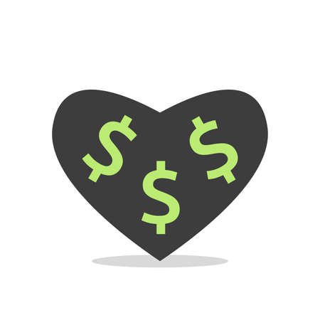 Black heart with dollar signs. Greed, corruption, money, healthcare, consumerism, relationship and love concept. Flat design.のイラスト素材