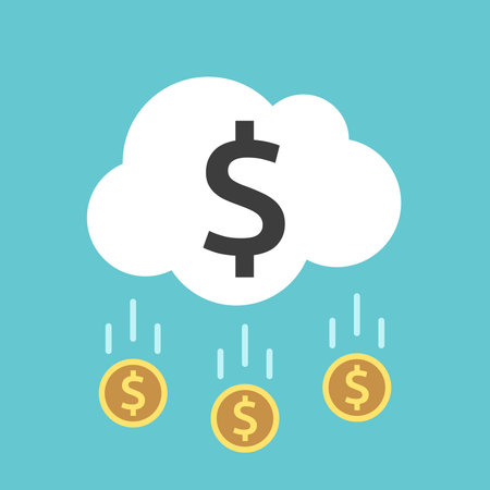 Dollar coins falling from money cloud. Financial abundance, earnings, income, investment and dream concept. Flat design.のイラスト素材