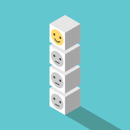 Happy cube on top of unhappy ones. Success, enthusiasm, leadership, positive thinking, optimism and exploitation concept. Flat design. EPS 8 vector illustration, no transparency, no gradientsのイラスト素材