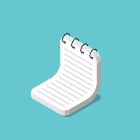 Isometric notepad bending on turquoise blue. Creativity, writing, notes, school and organizer concept. Flat design. EPS 8 vector illustration, no transparency, no gradientsのイラスト素材