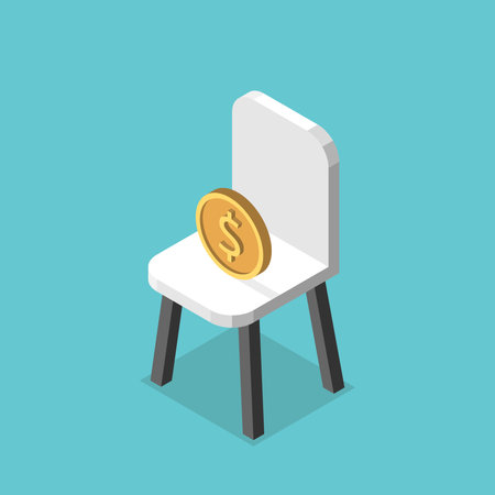 Isometric vacant chair with dollar coin. Vacancy, job position, salary, reward, motivation, recruitment, career and money concept. Flat design. EPS 8 vector illustration, no transparencyのイラスト素材