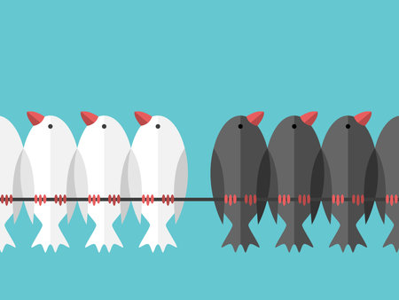 Different birds groups looking in opposite directions. Opposition, difference, struggle, conflict, prejudice and hate concept. Flat design. EPS 8 vector illustration, no transparency, no gradientsのイラスト素材