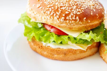 Vegan burger with vegetables and sauce. Closeup of homemade sandwich on white plate. Vegan food concept.の写真素材