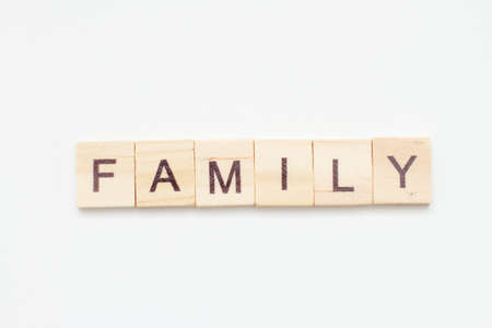 Inscription FAMILY made of letters on wooden blocks.