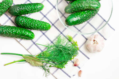 Preparation for pickling cucumbers. Ingredients for the marinade dill, salt, spices. Selective focus.の写真素材