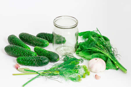 Preparing cucumbers for pickling. Glass jar, cucumber, garlic and dill, horseradish, bay leaf. Canning recipe. Selective focus.の写真素材