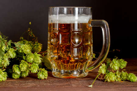 Close-up of glass of natural beer with hops on a wooden table.の写真素材