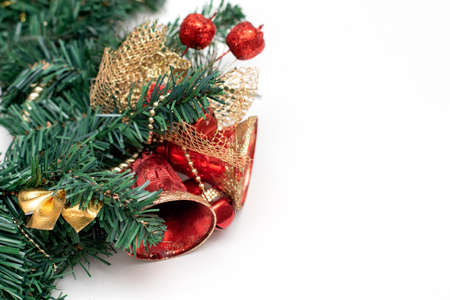 Elements of winter wreath of fir branches. Decoration and golden Christmas toysの写真素材