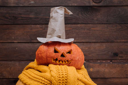 Halloween pumpkin with witches hat on wooden backgroundの写真素材