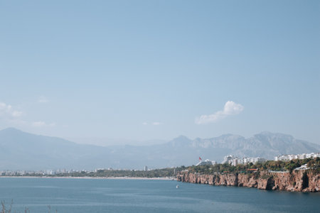 Panoramic views of Antalya and the Mediterranean coast from the sea.の写真素材