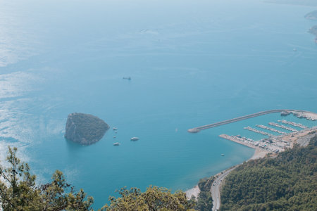 Aerial iew on Antalya port and bay, island, city scape, Turkey.の写真素材