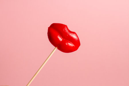 Red Lip-shaped Lollipop on a pink background.の写真素材
