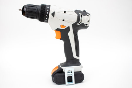 Cordless electric screwdriver on a white background.の写真素材
