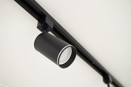 Black track spot Light on white stretch ceilingの写真素材