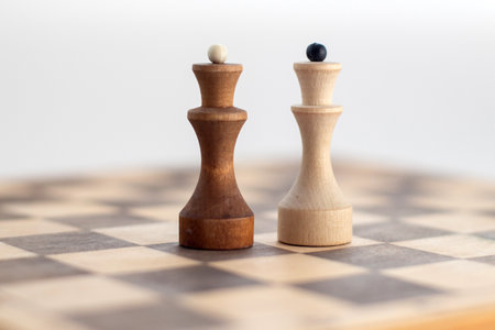 Chess queens on a wooden chessboardの写真素材