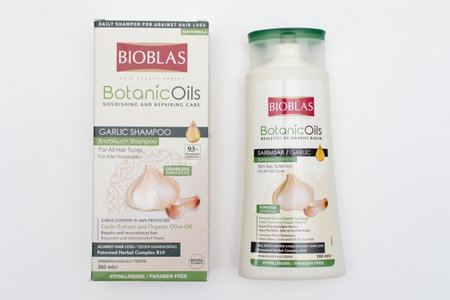 Bioblas shampoo with garlic on white background - Istanbul, Turkey 29.01.2023のeditorial素材
