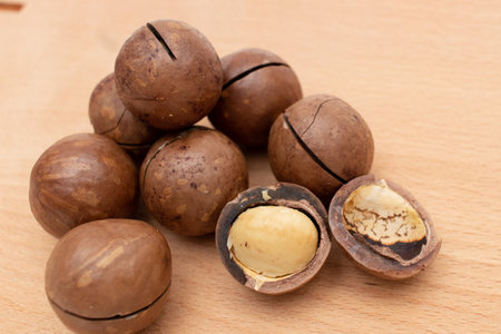 Macadamia nuts on wooden boardの写真素材