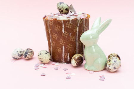 Easter cake, quail eggs and easter bunny. happy easter.の写真素材