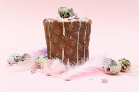 Traditional Easter cake on pink background.の写真素材