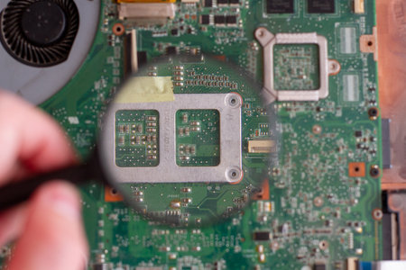 laptop motherboard chip through a magnifier glass. laptop repair serviceの写真素材