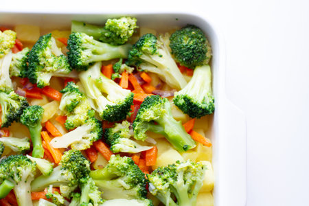 Vegetables in a baking dishの写真素材