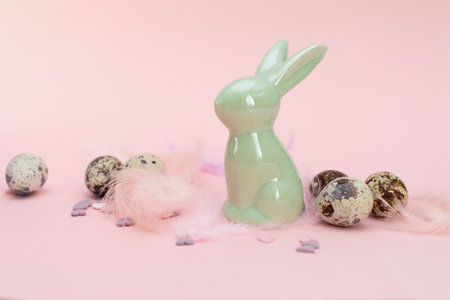 Easter bunny and quail eggs. Easter backgroundの写真素材
