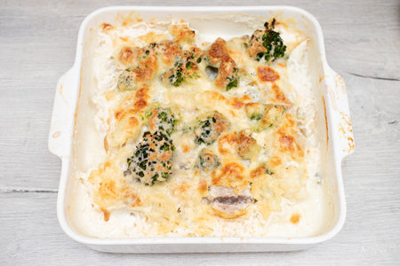 Meat balls and broccoli baked with cream and cheeseの写真素材