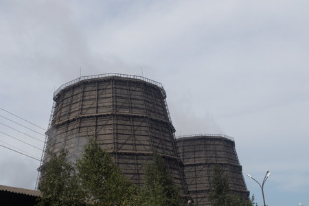 Huge pipes in the factory. Industrial enterprise for the production of aluminum.の写真素材