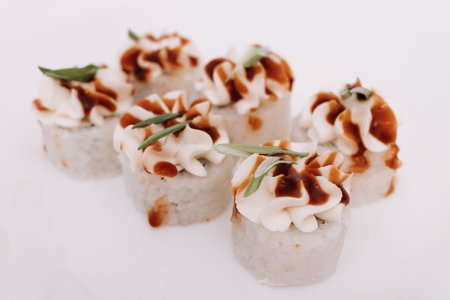 Sushi roll with mayonnaise cheese. traditional fresh japanese seafoodの写真素材