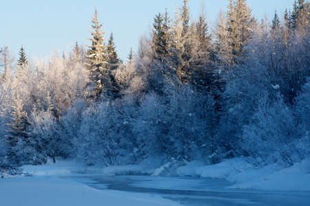 Beautiful winter sunset on the river Lena in Russiaの写真素材