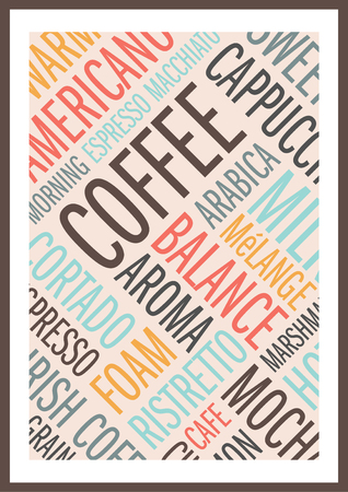 Coffee words. Stylish poster. Associative series of near-coffee subjects. Color illustration in flat style.のイラスト素材