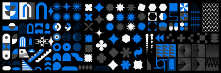 Brutalist abstract geometric shapes and grids. Brutal contemporary figure: star, oval, rhombus,...