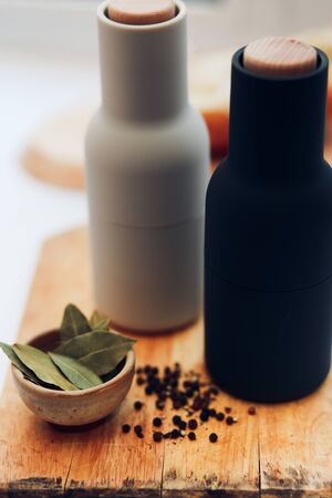 Cutting Board, spices on a old woodの写真素材