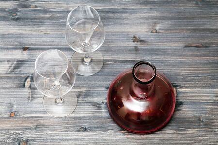 wine decanter, empty glasses for two. romantic dayの写真素材